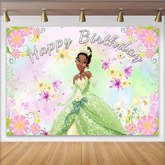 Lofaris Green Gown Cartoon Birthday Backdrop with Floral Design, Vibrant Party Background for Girls Photoshoot Decoration