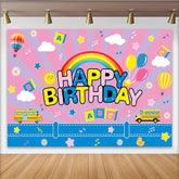 Lofaris Colorful Happy Birthday Cartoon Birthday Backdrop with Rainbow, Playful Hot Air Balloons School Bus Background for Kids Party Decor