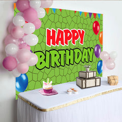 Lofaris Green Geometric Pattern Balloon Birthday Backdrop with Colorful Bunting, Festive Party Background for Kids Photoshoot
