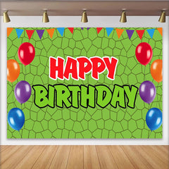 Lofaris Green Geometric Pattern Balloon Birthday Backdrop with Colorful Bunting, Festive Party Background for Kids Photoshoot