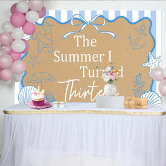 Lofaris The Summer I Turned Thirteen Beach Birthday Backdrop with Seashells and Starfish, Blue Striped for Teen Girl Party
