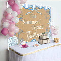 Lofaris The Summer I Turned Thirteen Beach Birthday Backdrop with Seashells and Starfish, Blue Striped for Teen Girl Party