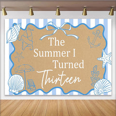 Lofaris The Summer I Turned Thirteen Beach Birthday Backdrop with Seashells and Starfish, Blue Striped for Teen Girl Party