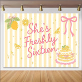 Lofaris Sweet Sixteen Lemon Birthday Backdrop with Yellow Stripes and Pink Bow, Freshly Sixteen Party Background for Girls Photoshoot