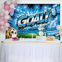 Lofaris Vibrant Blue Football Stadium Backdrop with Goal Celebration and Fireworks, Argentina Soccer Theme for Party Photography