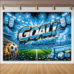 Lofaris Vibrant Blue Football Stadium Backdrop with Goal Celebration and Fireworks, Argentina Soccer Theme for Party Photography