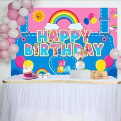 Lofaris Vibrant Cartoon Birthday Backdrop with School Bus, Rainbow, Fun Photo Background for Kids Party Decoration