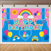 Lofaris Vibrant Cartoon Birthday Backdrop with School Bus, Rainbow, Fun Photo Background for Kids Party Decoration