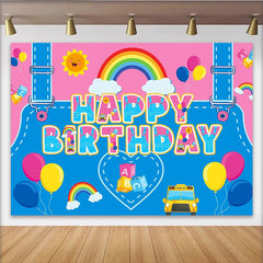 Lofaris Vibrant Cartoon Birthday Backdrop with School Bus, Rainbow, Fun Photo Background for Kids Party Decoration