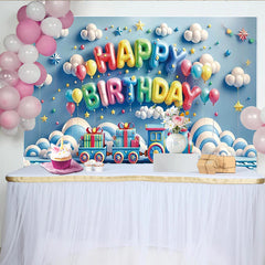 Lofaris Blue Cartoon Train Birthday Backdrop with Colorful Balloons and Gift Boxes, Party Decor for Kids Photoshoot