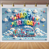 Lofaris Blue Cartoon Train Birthday Backdrop with Colorful Balloons and Gift Boxes, Party Decor for Kids Photoshoot