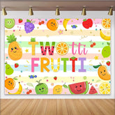 Lofaris Two-tti Frutti Birthday Backdrop with Cute Cartoon Fruits, Pastel Striped Photo Background for Kids 2nd Birthday Party
