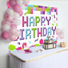Lofaris Colorful Building Block Happy Birthday Backdrop for Kids Party, Vibrant Brick Wall Theme Background for Photo Booth Props