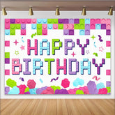 Lofaris Colorful Building Block Happy Birthday Backdrop for Kids Party, Vibrant Brick Wall Theme Background for Photo Booth Props