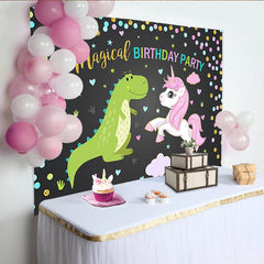 Lofaris Magical Dinosaur and Unicorn Birthday Backdrop with Confetti, Cute Cartoon Party Background for Kids Photoshoot Decor