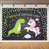 Lofaris Magical Dinosaur and Unicorn Birthday Backdrop with Confetti, Cute Cartoon Party Background for Kids Photoshoot Decor