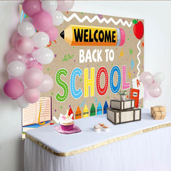 Lofaris Colorful Welcome Back to School Backdrop with Crayons and Pencil, Educational Classroom Background for School Event Decoration