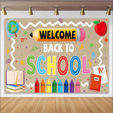 Lofaris Colorful Welcome Back to School Backdrop with Crayons and Pencil, Educational Classroom Background for School Event Decoration
