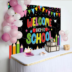 Lofaris Colorful Welcome Back to School Backdrop with Pencils, Confetti and Banners for Classroom Decor, Photo Booth Prop