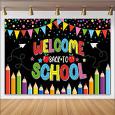 Lofaris Colorful Welcome Back to School Backdrop with Pencils, Confetti and Banners for Classroom Decor, Photo Booth Prop