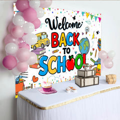 Lofaris Colorful Welcome Back To School Backdrop with School Bus and Books, Vibrant Educational Background for Classroom Decor and Party Photos