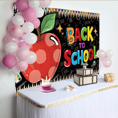 Lofaris Vibrant Back to School Backdrop with Red Apple and Chalkboard Art, Colorful Pencil Border Photography Background for Classroom or Party