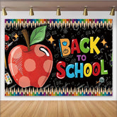 Lofaris Vibrant Back to School Backdrop with Red Apple and Chalkboard Art, Colorful Pencil Border Photography Background for Classroom or Party