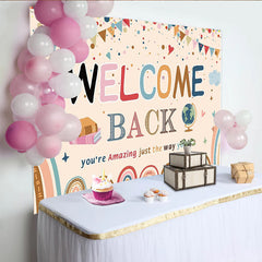 Lofaris Colorful Welcome Back to School Backdrop with Rainbows and Books, Fun Party Decoration for Classroom Photography