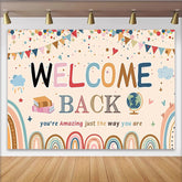 Lofaris Colorful Welcome Back to School Backdrop with Rainbows and Books, Fun Party Decoration for Classroom Photography