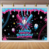 Lofaris Pink and Blue Dripping Paint Baseball Birthday Backdrop, Vibrant Sports Theme Background for Kids Party Photography