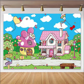 Lofaris Pink Cartoon Birthday Backdrop with Mushroom House and Bows, Whimsical Landscape Background for Kids Party Decoration