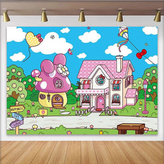 Lofaris Pink Cartoon Birthday Backdrop with Mushroom House and Bows, Whimsical Landscape Background for Kids Party Decoration