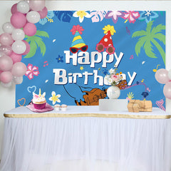 Lofaris Tropical Music Birthday Backdrop with Palm Trees and Party Hats, Blue Hawaiian Theme Background for Celebration
