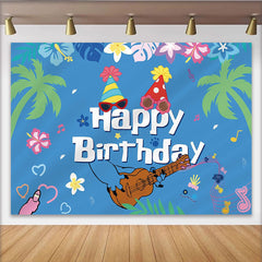 Lofaris Tropical Music Birthday Backdrop with Palm Trees and Party Hats, Blue Hawaiian Theme Background for Celebration