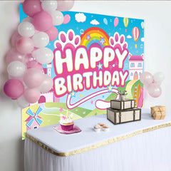 Lofaris Pink Cartoon Birthday Backdrop with Castle and Rainbow for Girls, Cute Animal Paw Print Photography Background for Kids Party
