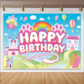 Lofaris Pink Cartoon Birthday Backdrop with Castle and Rainbow for Girls, Cute Animal Paw Print Photography Background for Kids Party