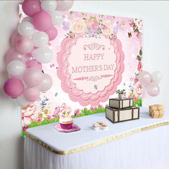 Lofaris Pink Floral Happy Mothers Day Backdrop with Butterflies Green Grass, Spring Celebration Photography Background for Party Decor