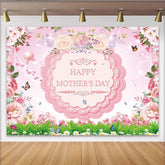 Lofaris Pink Floral Happy Mothers Day Backdrop with Butterflies Green Grass, Spring Celebration Photography Background for Party Decor
