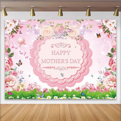 Lofaris Pink Floral Happy Mothers Day Backdrop with Butterflies Green Grass, Spring Celebration Photography Background for Party Decor