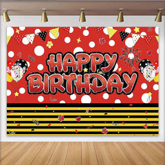 Lofaris Red and Black Polka Dot Birthday Backdrop for Kids Party, Happy Birthday Cartoon Photography Background with Balloons and Flags