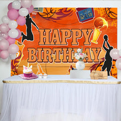 Lofaris Orange Basketball Happy Birthday Backdrop with Players and Hoop, Sports Themed Party Background for Boys and Girls Photoshoot