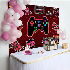 Lofaris Red Gaming Level Up Birthday Backdrop with Game Controller and Neon Lights, Fun Party Background for Kids Photoshoot