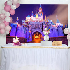Lofaris Illuminated Fairytale Castle Photography Backdrop with Purple and Pink Lights, Enchanting Night Scene Background for Party Decor