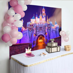 Lofaris Illuminated Fairytale Castle Photography Backdrop with Purple and Pink Lights, Enchanting Night Scene Background for Party Decor
