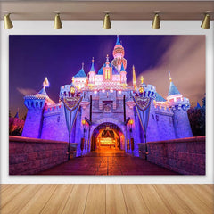Lofaris Illuminated Fairytale Castle Photography Backdrop with Purple and Pink Lights, Enchanting Night Scene Background for Party Decor