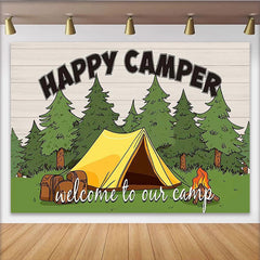 Lofaris Happy Camper Camping Photography Backdrop with Tent and Trees, Outdoor Adventure Theme Photo Background for Studio Photoshoot
