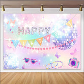Lofaris Glitter Disco Birthday Backdrop with Pastel Gradient Colors and Sparkling Butterflies, Fun Party Decor for Girls Photoshoot
