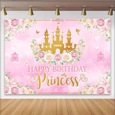Lofaris Pink Gold Princess Birthday Backdrop with Castle and Flowers for Girls, Elegant Party Background for Photoshoot Decoration
