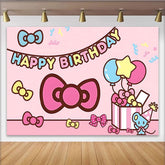 Lofaris Cute Pink Cartoon Birthday Backdrop with Bows and Balloons, Adorable Party Background for Girls Photoshoot Decoration