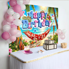 Lofaris Vibrant Tropical Beach Happy Birthday Backdrop with Palm Trees, Summer Party Photography Background for Celebration